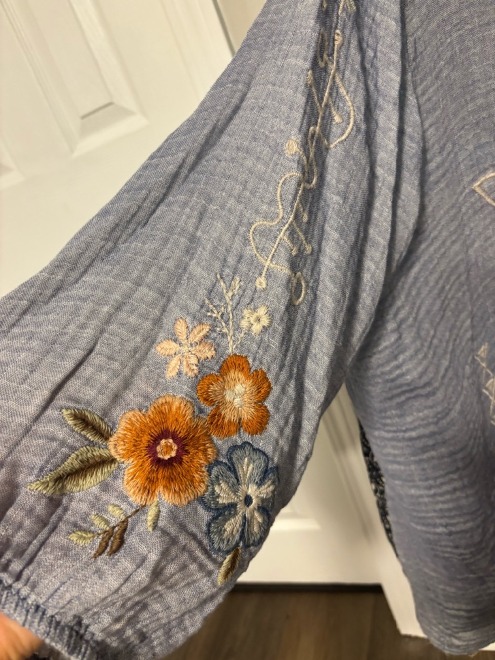 Johnny Was Slate Blue Embroidered Boho Tunic with Floral Detail - Picture 4 of 7